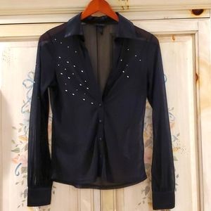 Semi sheer Shirt Black Rhinestones Small